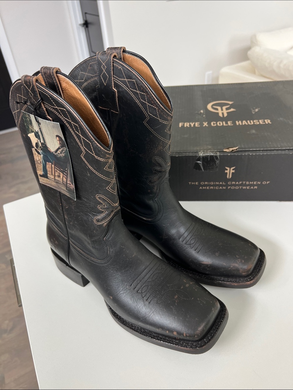 FRYE x COLE HAUSER logo stitch distressed black tan leather square toe boots 11D